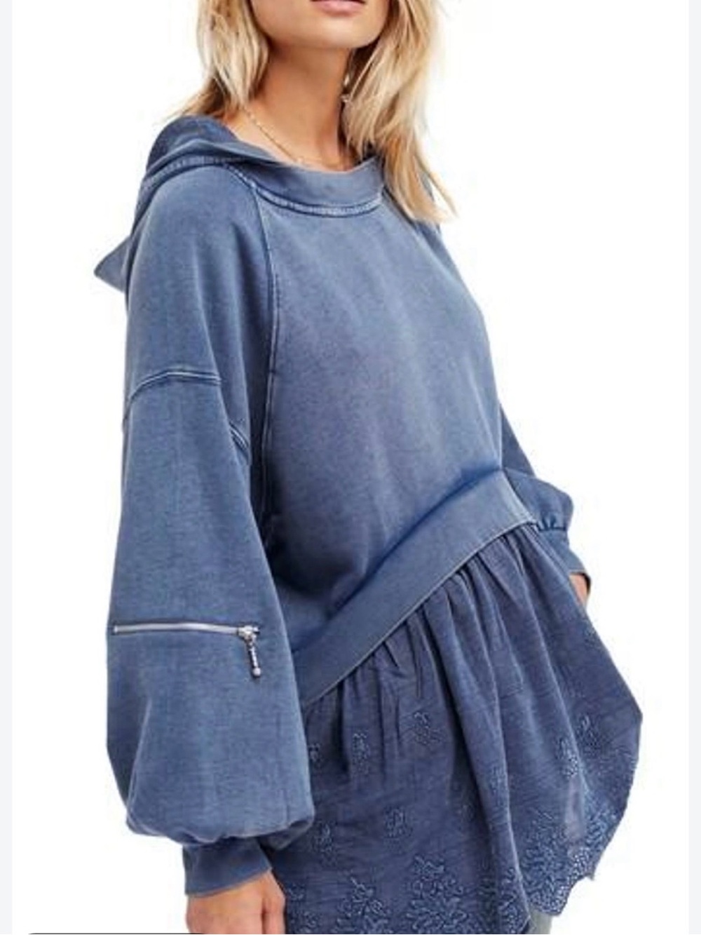 0292 Free People Washed Denim Blue Hooded Peplum Sweatshirt